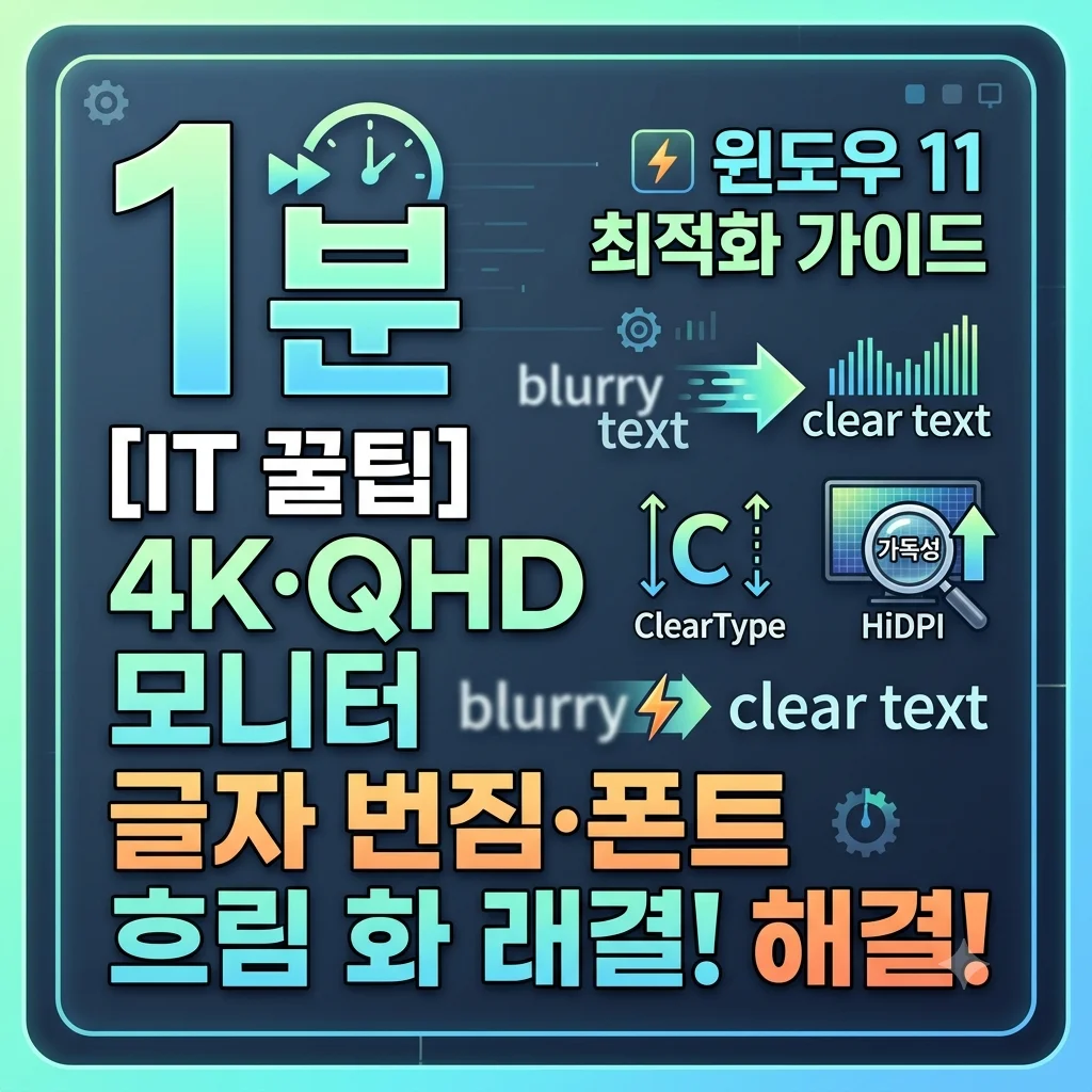 4K QHD 모니터 글자 번짐 폰트 흐림 해결 윈도우 11 ClearType HiDPI 가독성 최적화 대표 썸네일