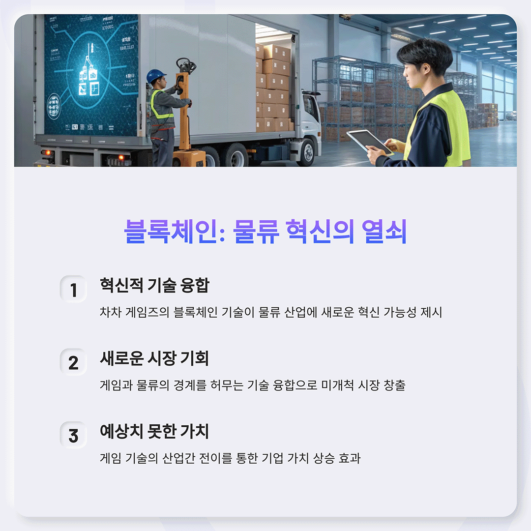 물류 창고에서 작업 중인 직원들의 모습이 담긴 이미지. 한 명은 지게차를 이용해 트럭에 상자를 싣고 있으며, 다른 한 명은 태블릿을 들고 데이터를 확인하고 있다. 트럭의 문에는 블록체인 기반 물류 시스템을 시각적으로 보여주는 홀로그램 이미지가 투사되어 있다.