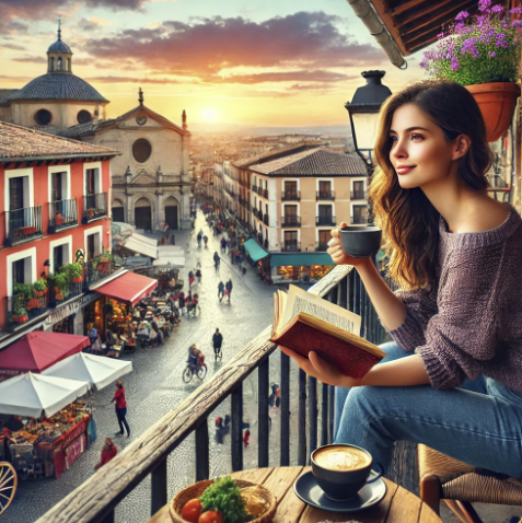 스페인에서 여자가 여유롭게 커피 한잔 마시는 사진