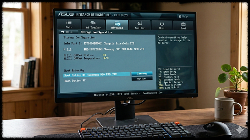 BIOS 설정 화면에서 SSD 저장장치를 확인하는 모습