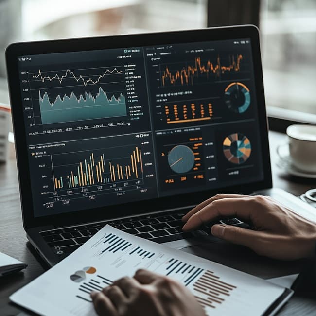 주택시장 보고서와 계산기, 메모가 놓인 책상 위