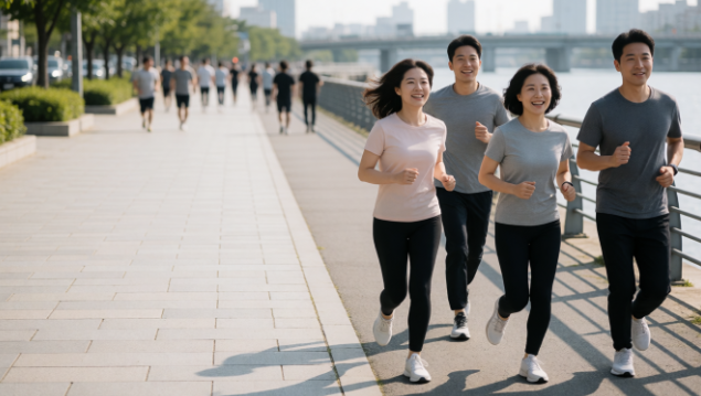보행자와 자전거가 함께 이용하는 공공 보행로에서 러닝크루가 한 줄로 달리는 모습