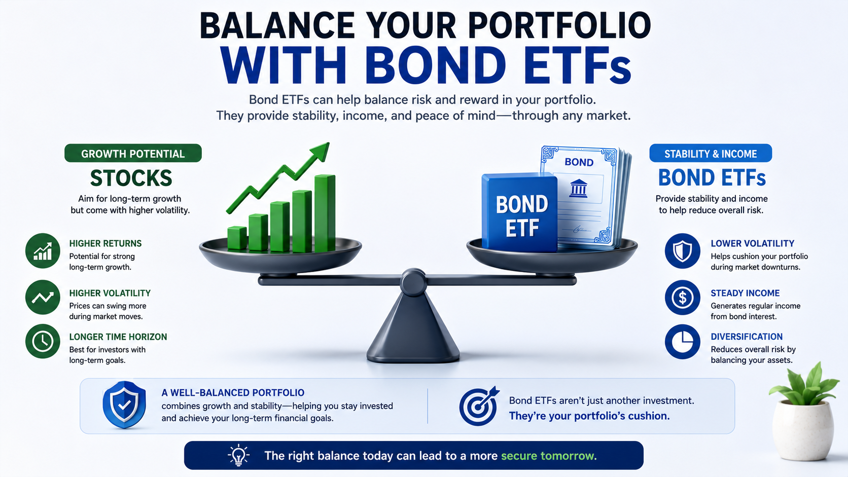 Balanced portfolio illustration comparing stocks and bond ETFs to achieve long-term growth, stability, and risk management.