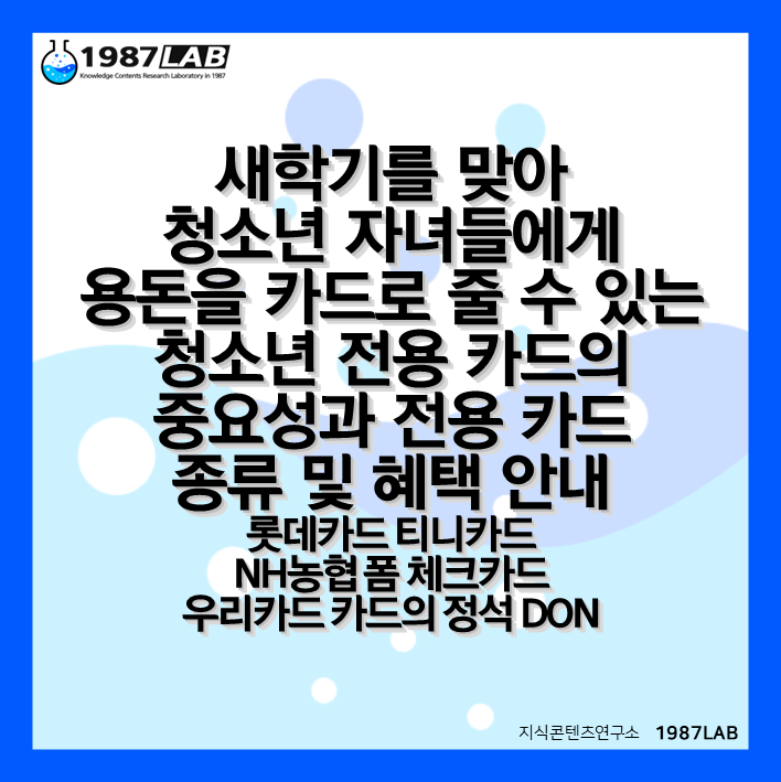 새학기를 맞아 청소년 자녀들에게 용돈을 카드로 줄 수 있는 청소년 전용 카드의 중요성과 전용 카드 종류 및 혜택 안내(롯데카드 티니카드&#44; NH농협 폼 체크카드&#44; 우리카드 카드의 정석 DON)