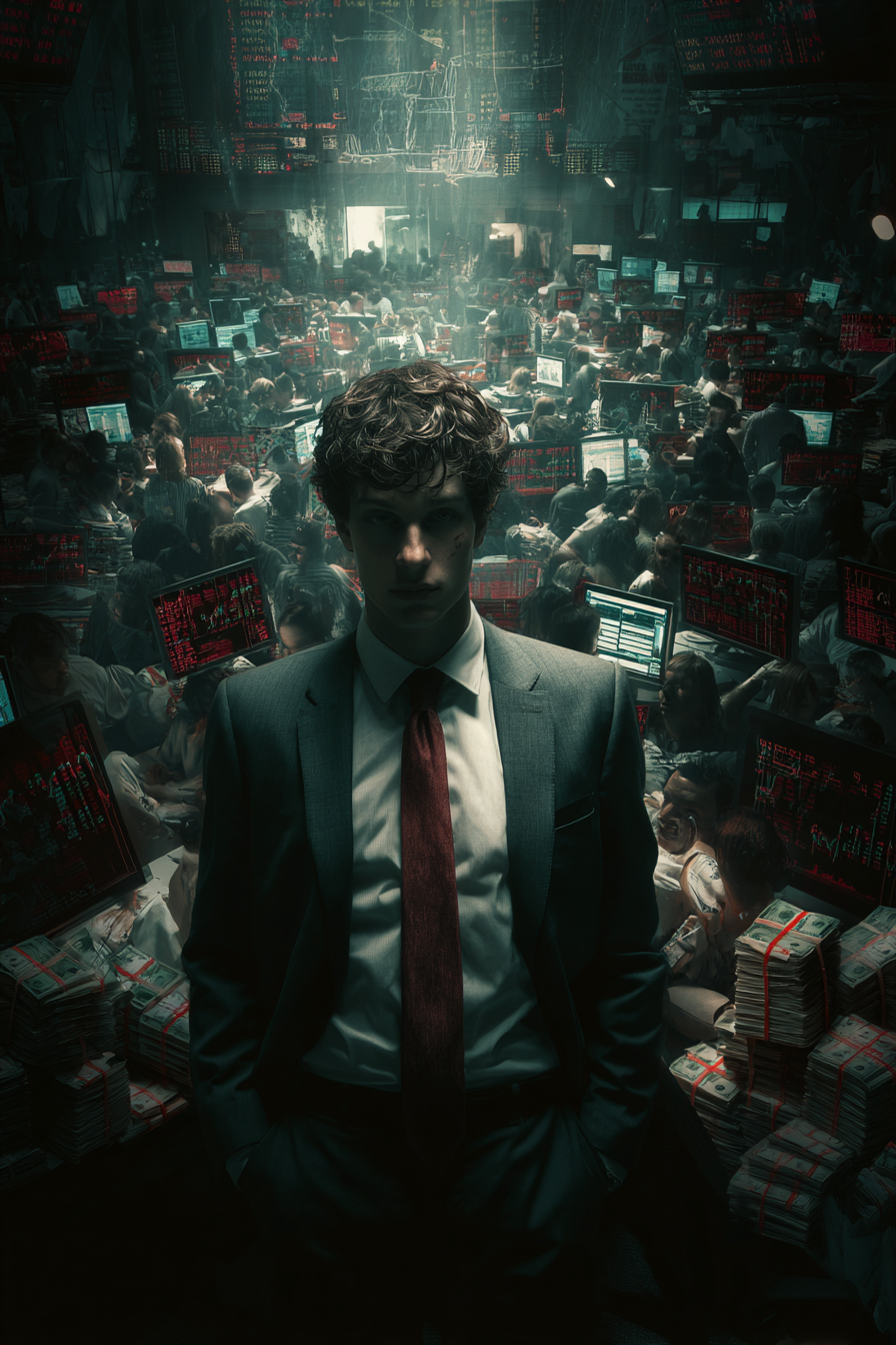 주인공의 자신감과 탐욕의 주식 세계를 강조하는 장면