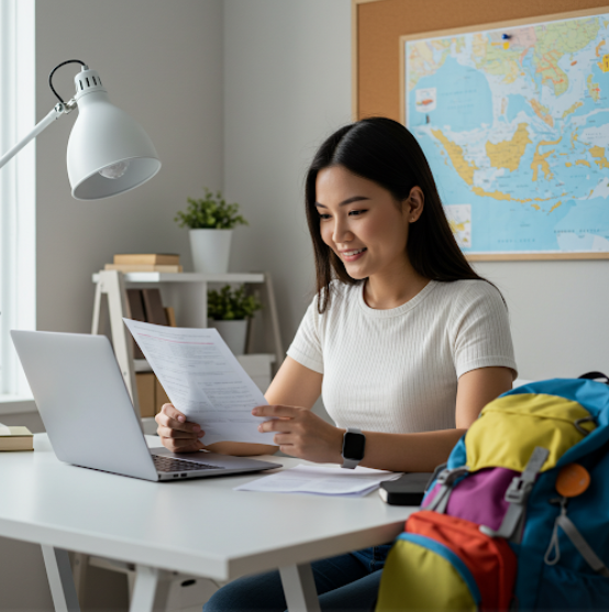 동남아를 여행하기 위해 여성이 보험 설류를 확인중
