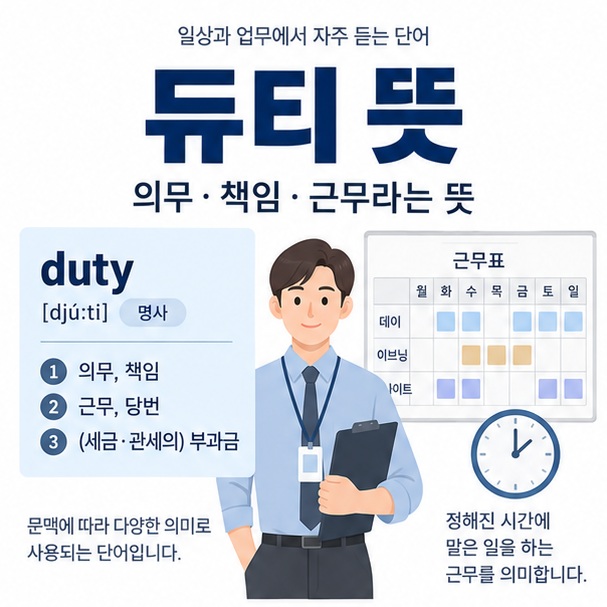 듀티 뜻과 영어 duty의 의무 책임 근무 의미를 사전형으로 보여주는 교육용 이미지