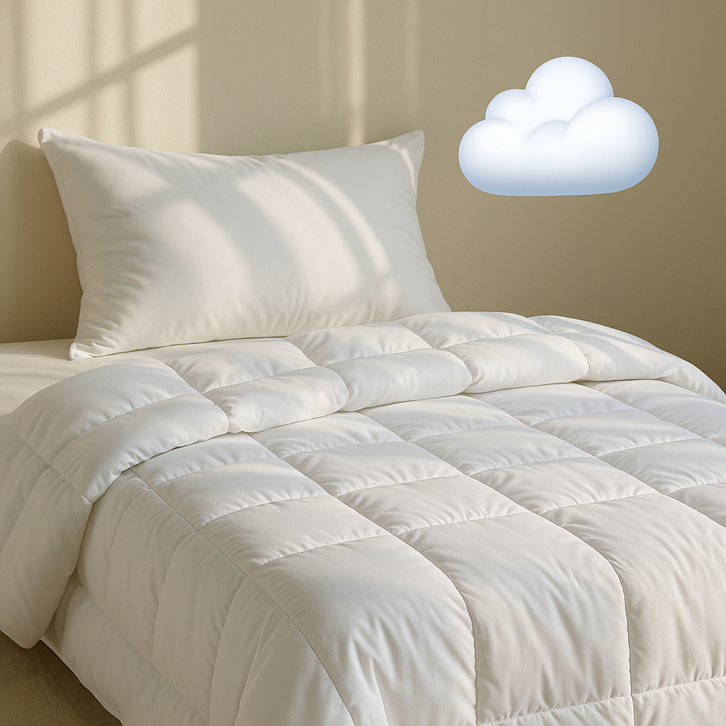 햇살이 비치는 베이지색 벽 앞에 하얀색 퀼팅 쿨링이불이 깔린 침대 위에 구름 아이콘이 떠 있는 감성적인 침실 모습