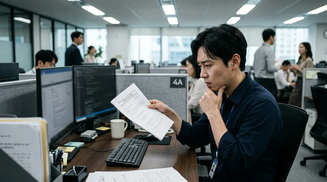 인사팀으로부터 징계위원회 회부 서류를 받고 사무실 책상에서 극도의 불안에 떠는 30대 남성 직장인의 현실적인 풍경
