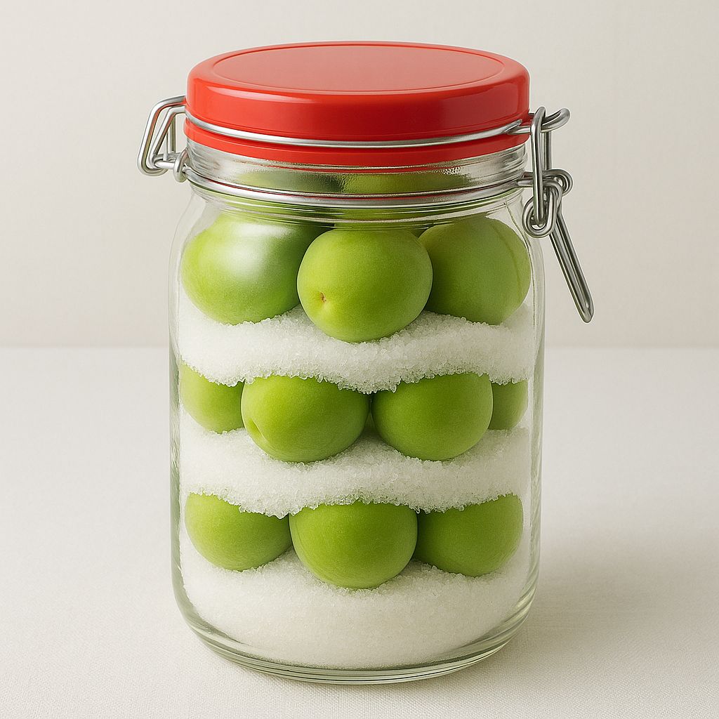 青梅と砂糖を交互に重ねて詰めます。