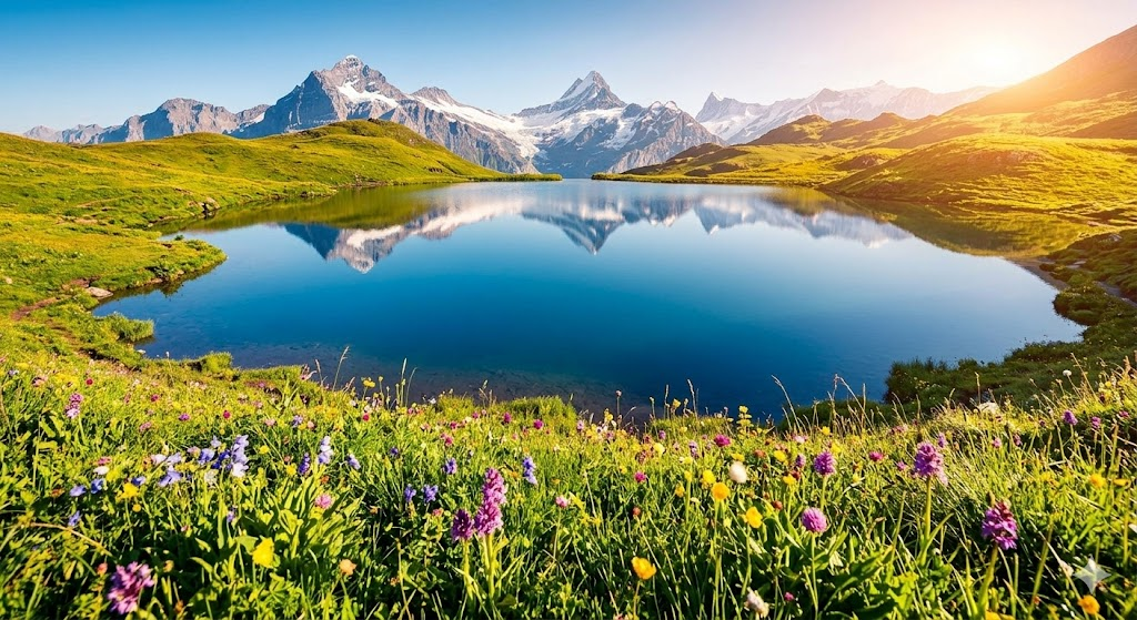 눈 덮인 봉우리를 배경으로 한 평온하고 햇살 가득한 스위스 알프스 meadow와 호수 풍경 / Sun-drenched Swiss alpine meadow and lake with snowy peaks.