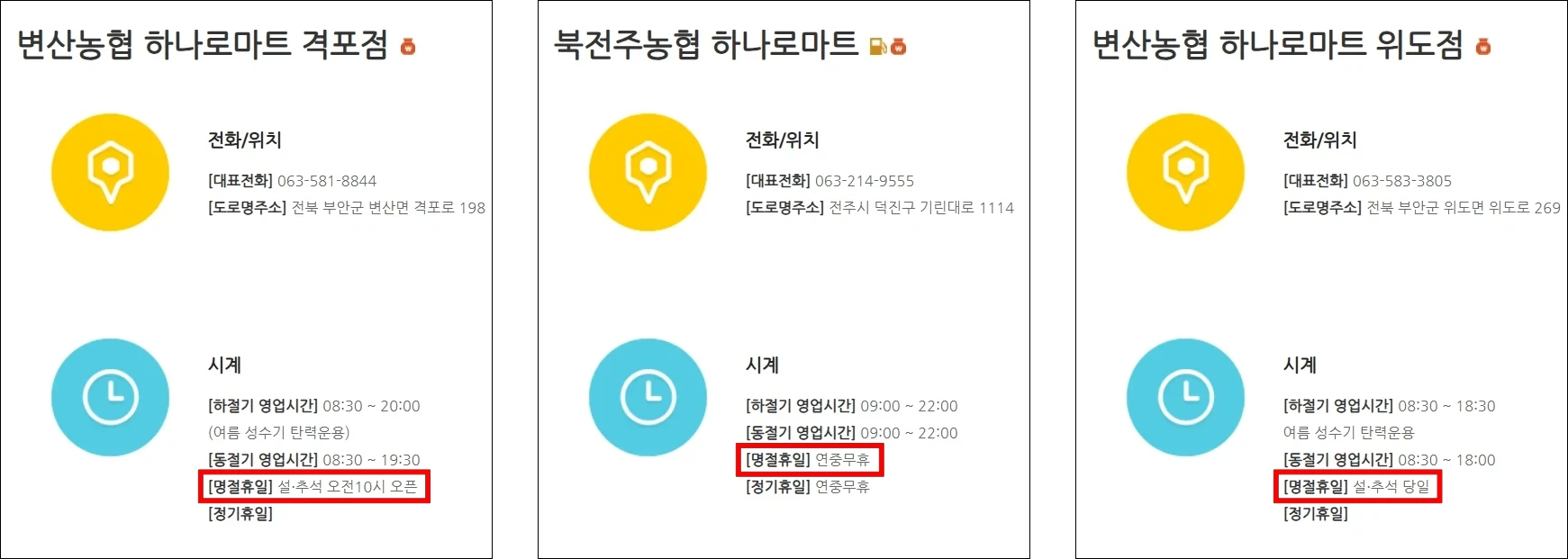 지점에 따라 안내되는 정보 중 시계의 '휴일' 정보를 확인