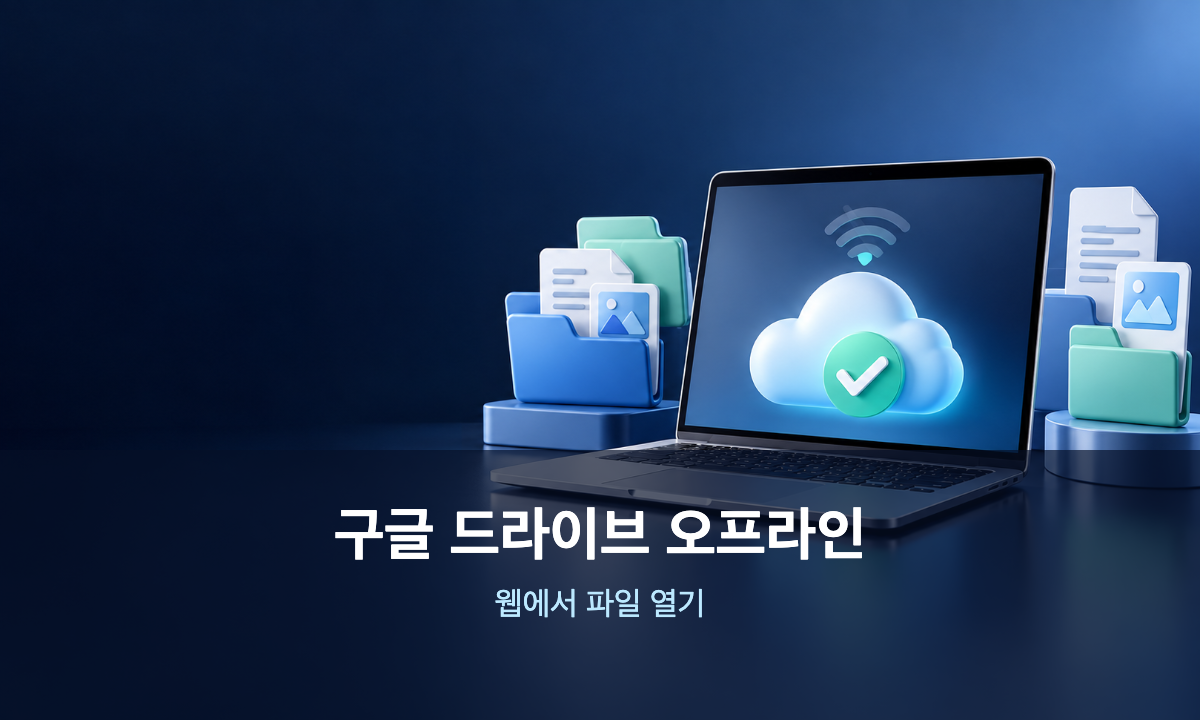 구글 드라이브 오프라인 파일 사용법을 나타낸 노트북과 클라우드 폴더 삽화