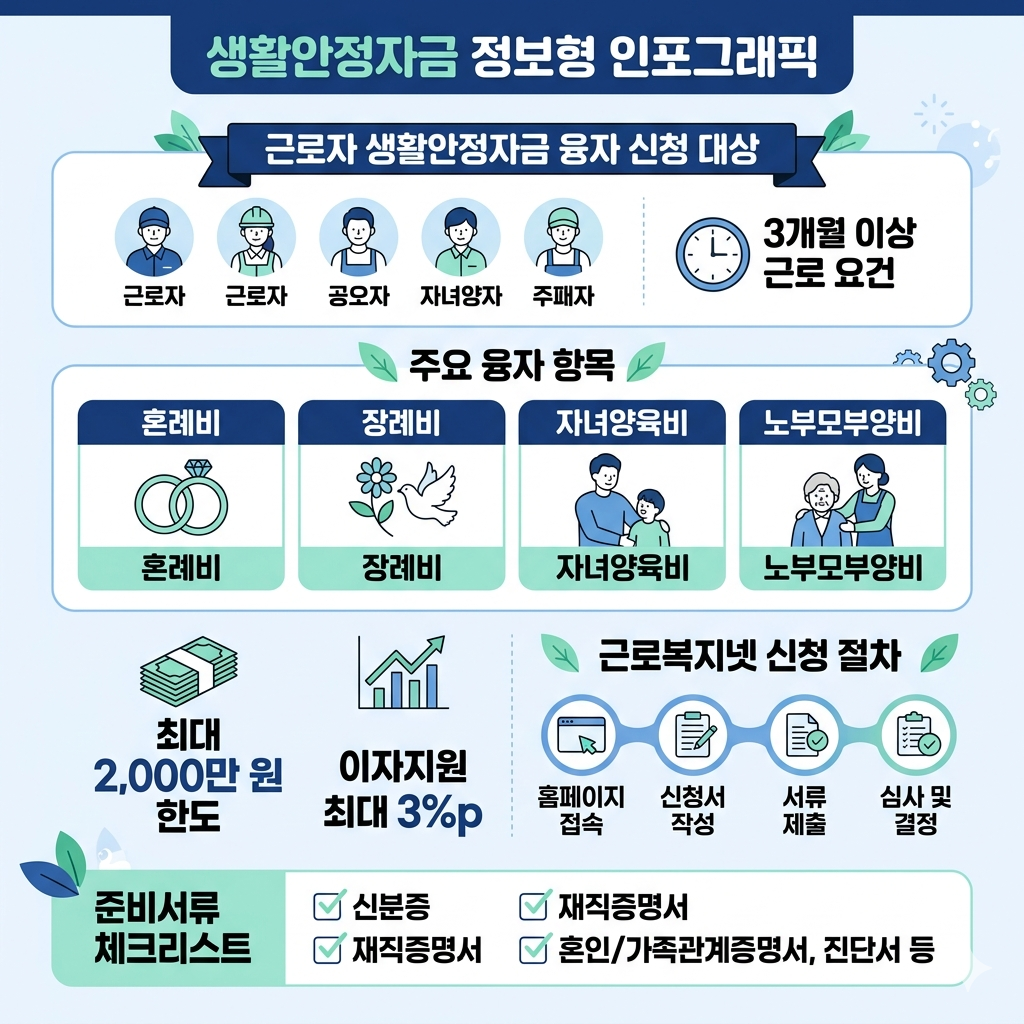 생활안정자금 신청 방법｜근로자 생활안정자금 융자 대상&middot;한도&middot;서류 인포그래픽