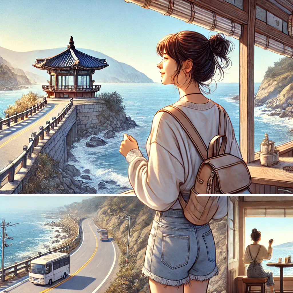 혼자 여행하며 만족하는 여자