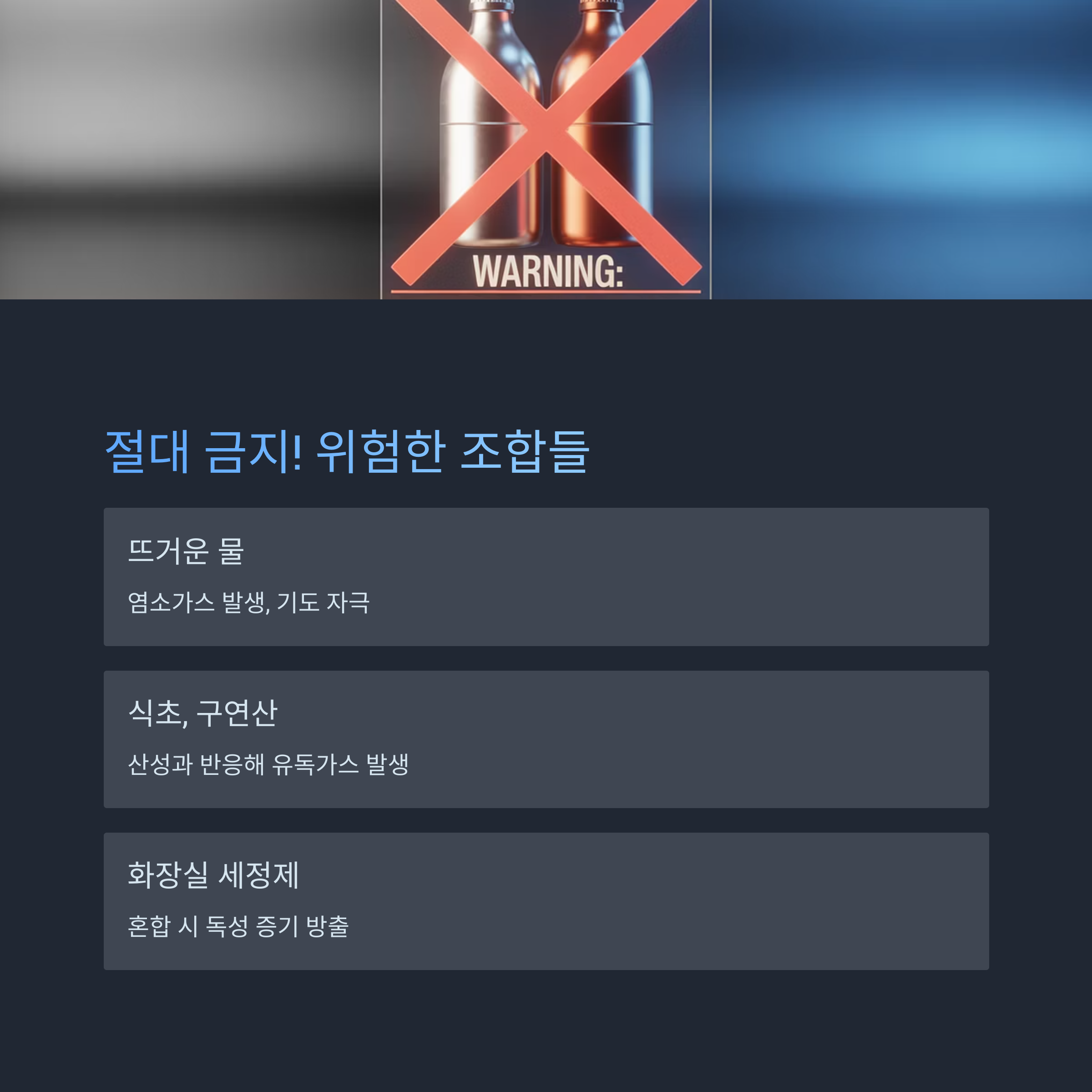 락스와 섞어서는 안 되는 뜨거운 물, 식초, 구연산, 화장실 세정제의 위험성을 경고하는 이미지