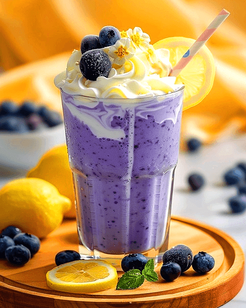 유리컵에 보라색 블루베리 음료가 가득하고 맨 위에 하얀 생크림과 블루베리들이 올려졌다.