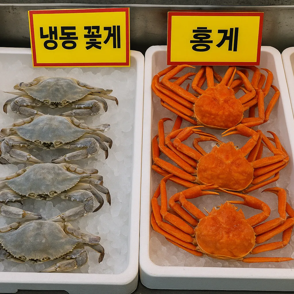 냉동 꽃게와 홍게를 비교 전시한 수산시장 진열대