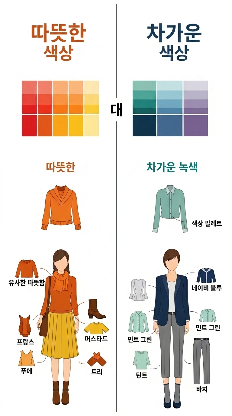 웜톤과 쿨톤의 컬러 팔레트를 비교하며 어울리는 의상을 매치한 감각적인 인포그래픽 이미지