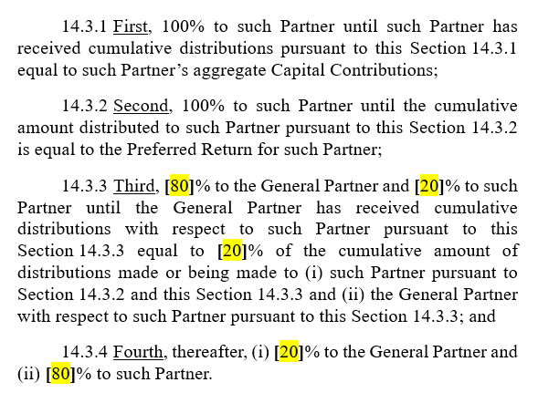 The ILPA Model Limited Partnership Agreement (Whole-of-Fund Waterfall) European Waterfall Structure

ILPA 웹페이지 공개 표준 규약의 Waterfall 4단계 배분원칙 발췌

◦ 아래 Institutional Limited Partners Association(ILPA)의 사모투자조합 표준 규약 발췌에서 볼 수 있듯이 국제적으로는 일반적인 European Waterfall(Whole-of-Fund, 펀드 전체 출자금을 기준으로 원금과 수익금을 배분하는 방식. 개별 딜 단위로 원금 및 수익을 배분하는 American Waterfall, Deal by Deal과 대비)을 4가지 단계, 즉 1. 원금배분, 2. LP 우선수익배분(Preferred Return, hurdle) 3. 캐치업 4. 성과보수로 규정하고 있다.