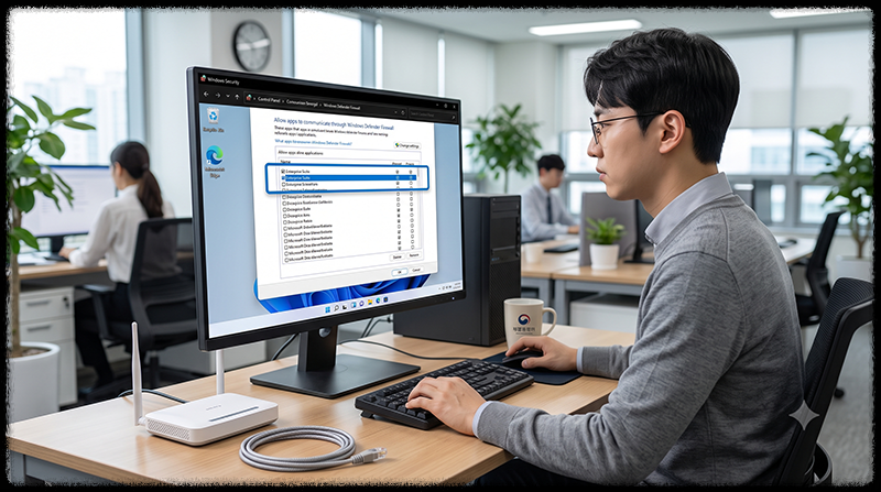 Windows 방화벽에서 업무 프로그램의 네트워크 연결을 허용하는 모습