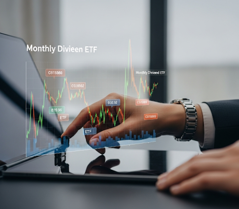 오르락내리락하는 시장 그래프 위에서 월배당 ETF 포트폴리오를 조정하는 손 이미지. 시장 변동성에 따른 월배당 ETF 리밸런싱을 상징