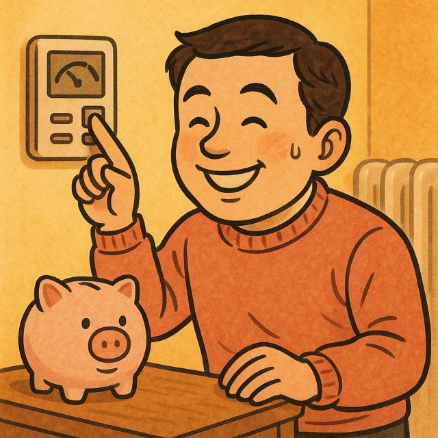 따뜻한 방 안에서 보일러 타이머를 설정하며 저금통 옆에서 미소 짓는 남자