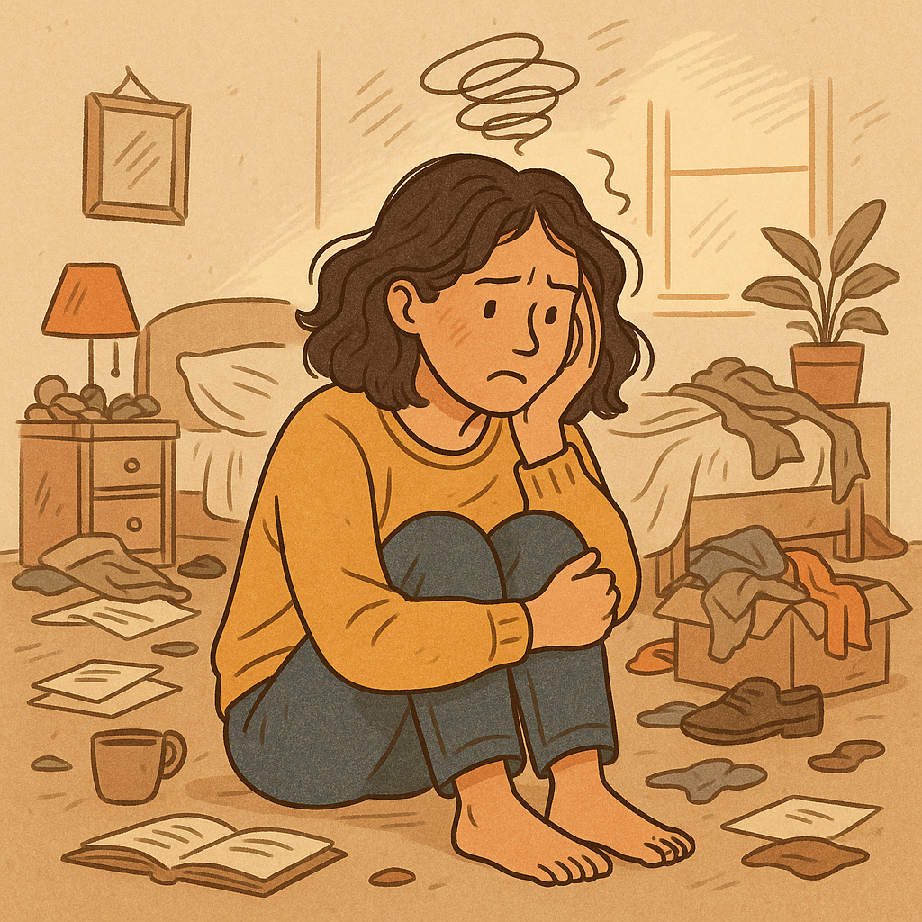 지저분한 방과 혼란스러운 마음을 연결한 감성 일러스트