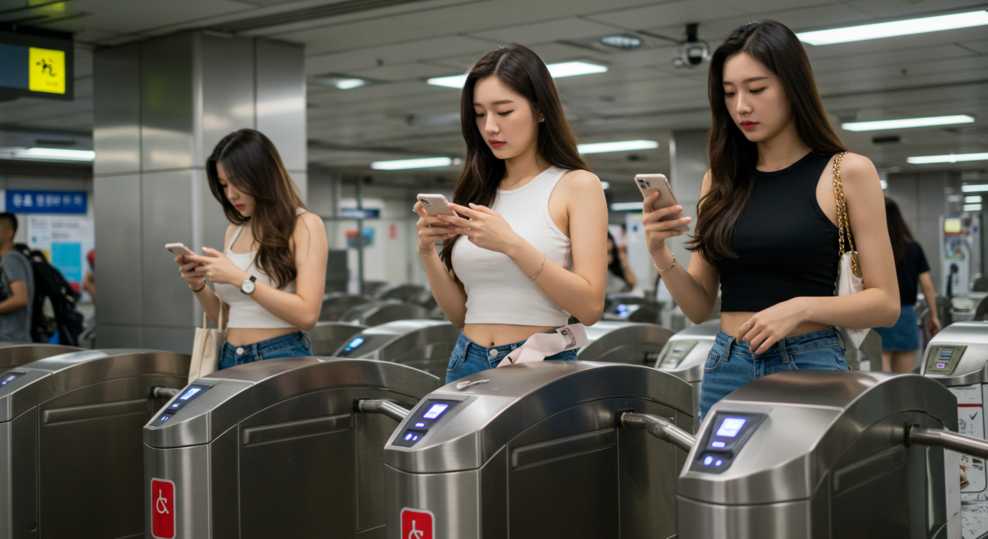 스마트폰으로 개찰구 지나는 여자들