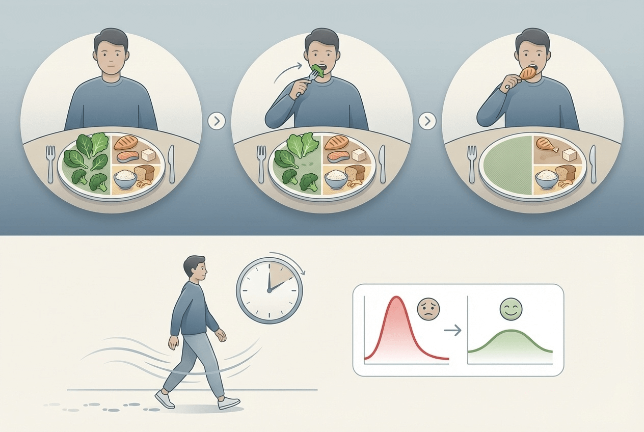 식후 혈당 스파이크를 줄이기 위해 채소-단백질-탄수화물 순서와 식후 10분 걷기를 장면과 아이콘으로 함께 보여주는 이미지. 텍스트 없이 동작과 음식 형태로만 표현한다.