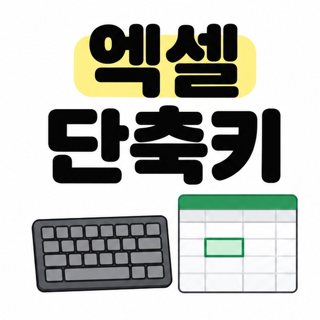 엑셀 단축키라는 큰 제목 아래에 키보드와 초록색으로 셀 하나가 선택된 시트 창이 나란히 놓인 대표 이미지