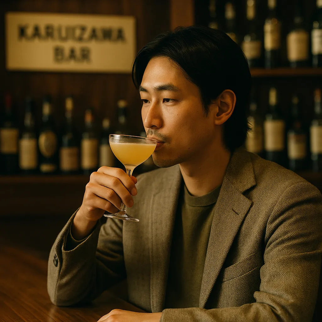 가루이자와 바에서 칵테일을 마시는 남성