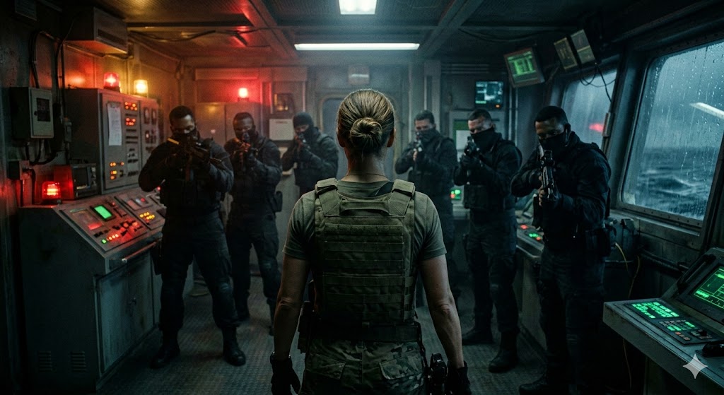 어두운 조명 아래 붉은 비상등이 켜진 좁은 지휘 통제실에서 테러리스트와 대치 중인 주인공 콜 대위의 긴장된 뒷모습
한정된 공간이 주는 압박감은 이 영화가 가진 최고의 스릴러 요소입니다.