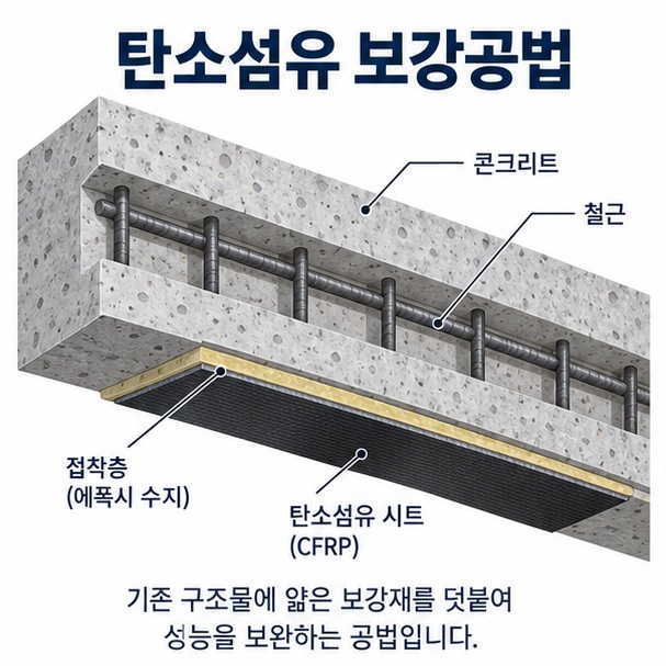 탄소섬유 보강공법이라는 제목과 콘크리트 보 하부에 탄소섬유 시트를 부착한 구조를 표현한 대표 이미지