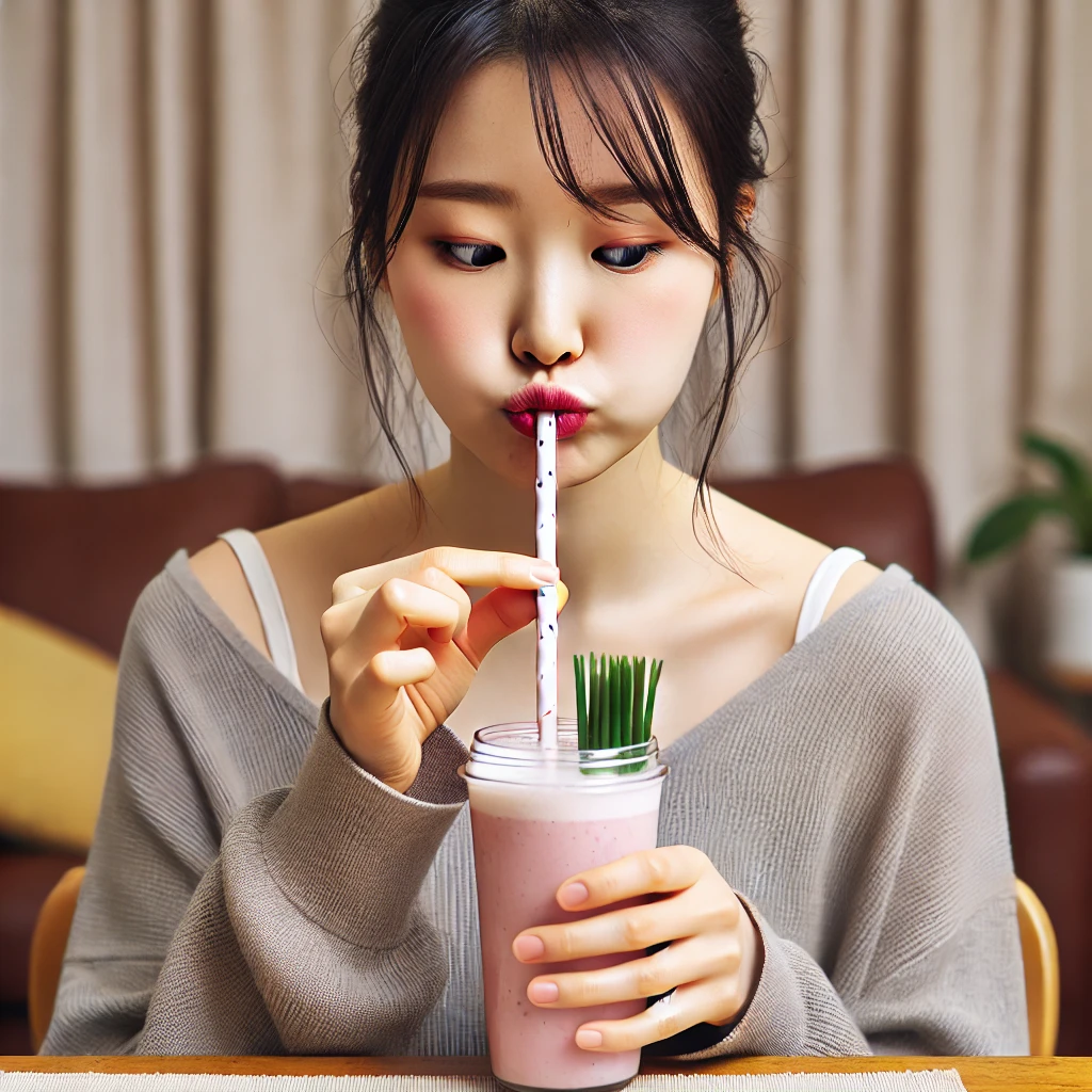 한국 여성이 빨대로 스무디를 마시는 모습, 사랑니 발치 후 피해야 할 행동을 강조