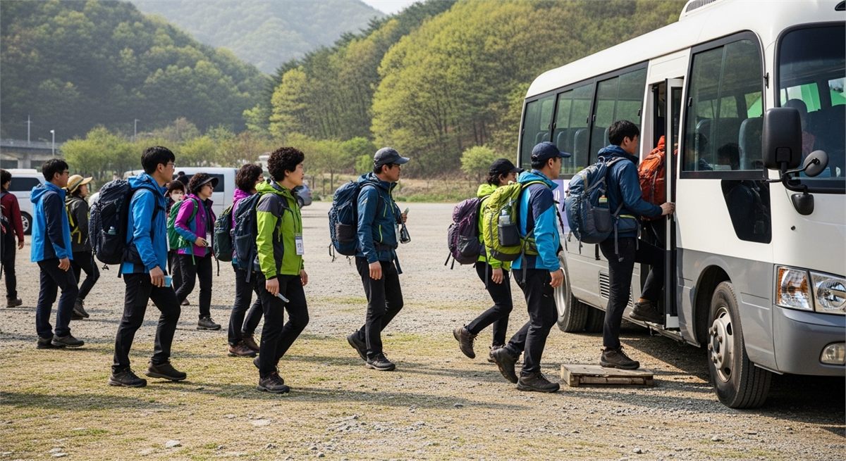 셔틀버스를 타는 방문객의 이동 장면