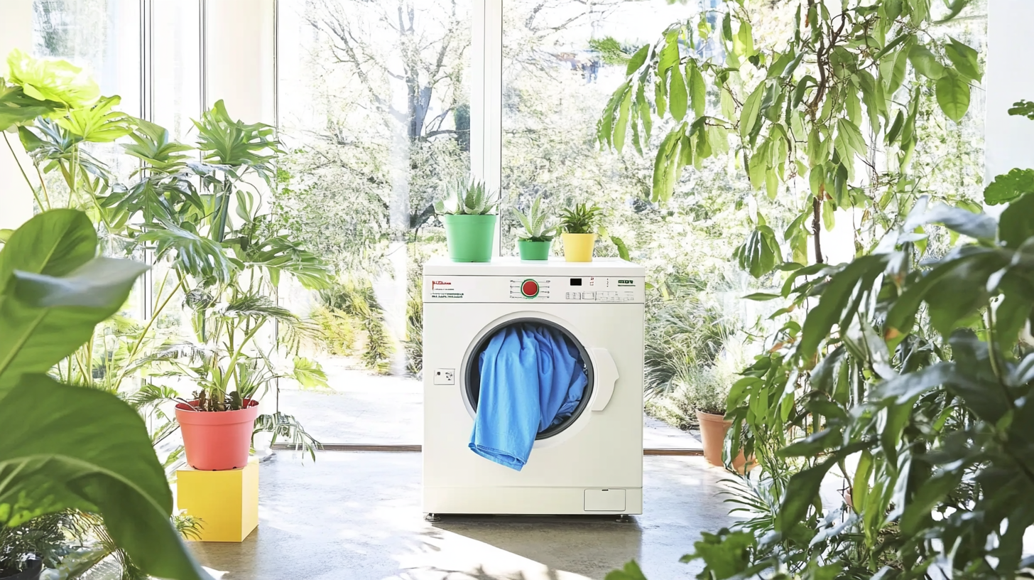 열 펌프 기술로 옷을 말리고 있는 친환경 세탁기가 푸른 실내 식물들로 둘러싸인 모습.