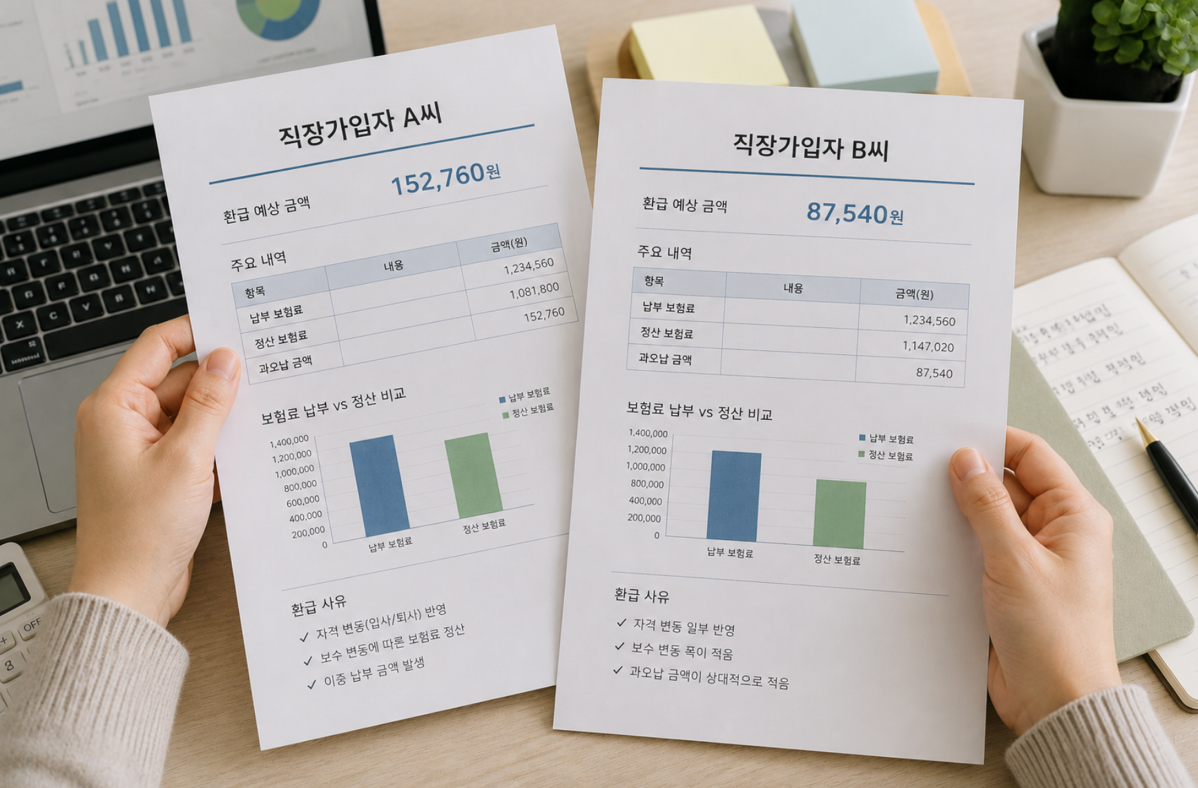 같은 직장가입자라도 건강보험료 환급 금액이 다르게 조회되는 비교 예시