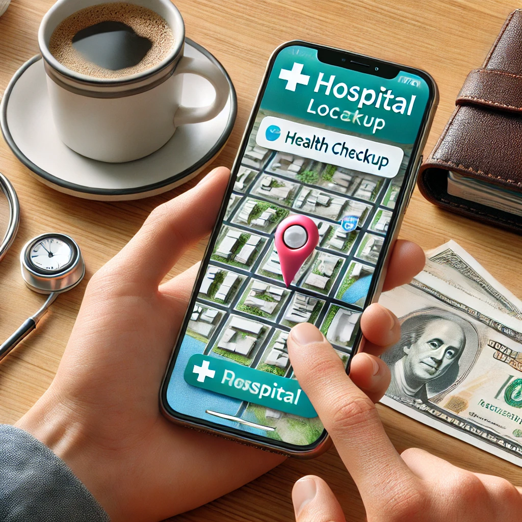 건강검진 전에 병원 위치를 스마트폰 지도 앱에서 확인하는 사람. 병원 주소가 하이라이트된 화면과 함께&amp;#44; 깨끗한 주방 테이블 위에 커피잔과 지갑이 배치된 배경