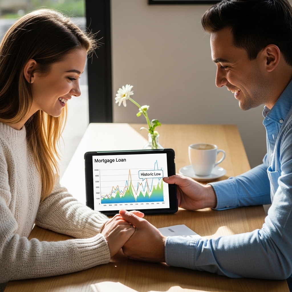 환하게 웃으며 손을 잡고 있는 신혼부부가 태블릿으로 전세자금대출 금리 그래프를 확인하는 모습