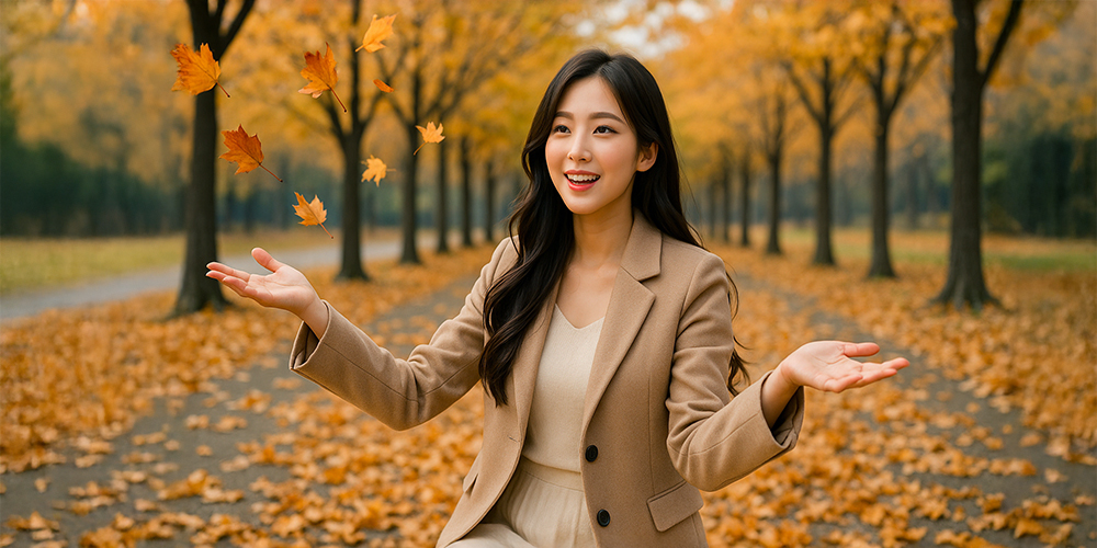낙엽을 보며 기뻐하는 사람
