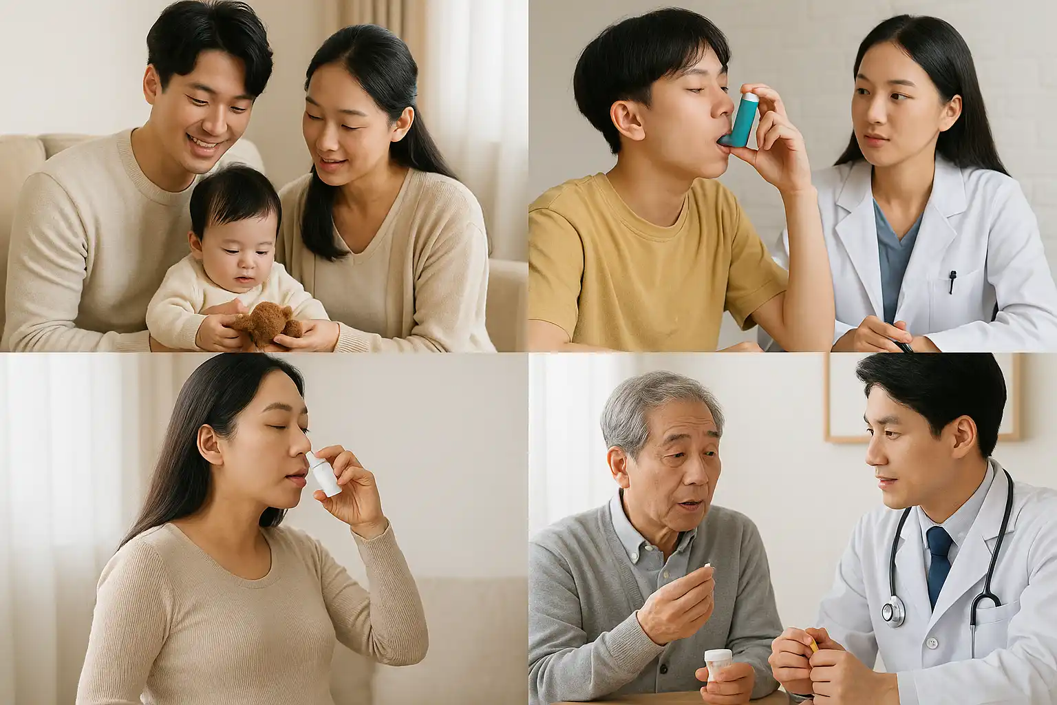 영유아 돌보는 부모, 청소년이 흡입제를 사용하며 교육받는 장면, 임산부가 비강 스프레이를 사용하는 모습, 노인이 약을 복용하며 의사 상담하는 장면