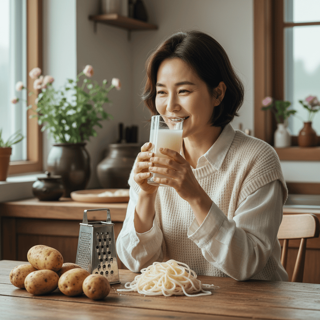 감자생즙 한잔을 미소지으며 여유있게 마시는 여성
