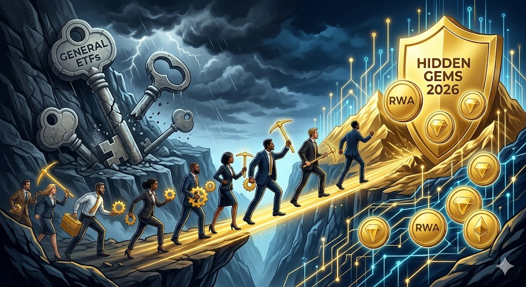 A dynamic illustration of professional investors navigating a stormy chasm. / Investors with golden tools navigating a chasm toward ascending golden mountains.