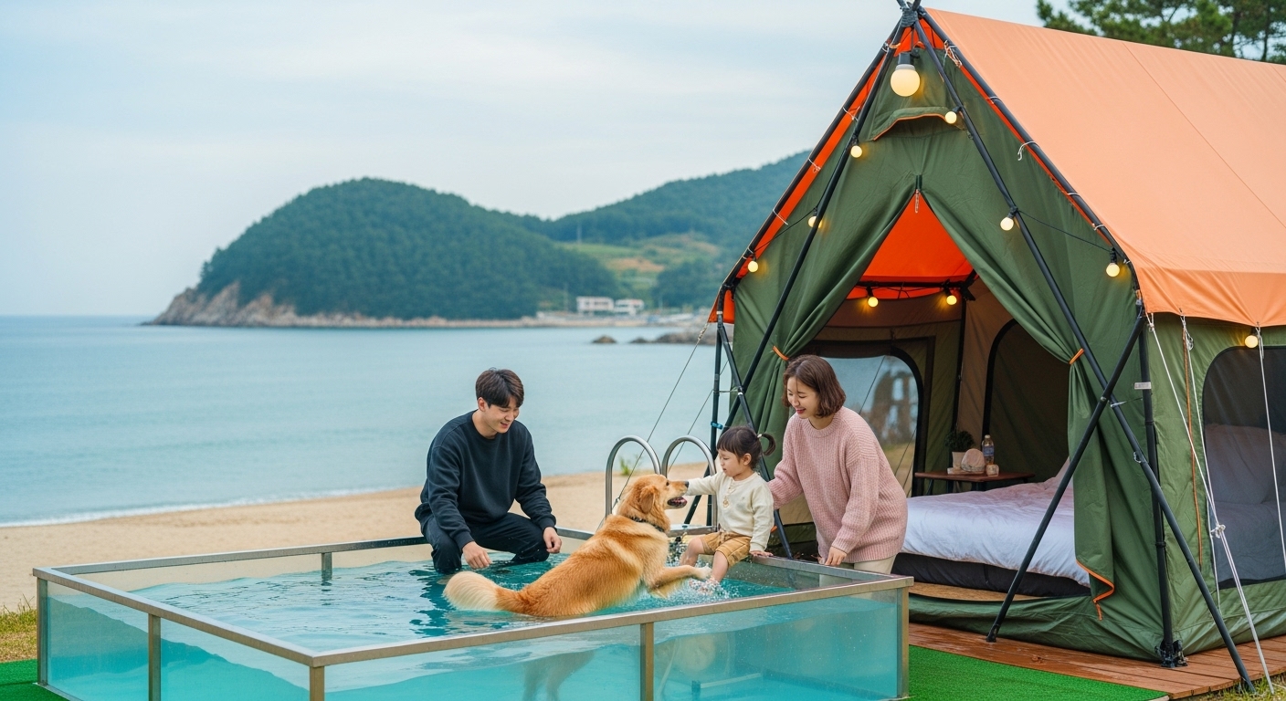 강원도 양양 해변 글램핑장에서 반려견과 가족이 함께 즐거운 시간을 보내는 모습. 황금빛 해변과 초록 언덕이 보이는 배경에서, 녹색과 오렌지색 텐트 옆 반려견 전용 수영장에서 강아지가 물놀이를 하고 있다.