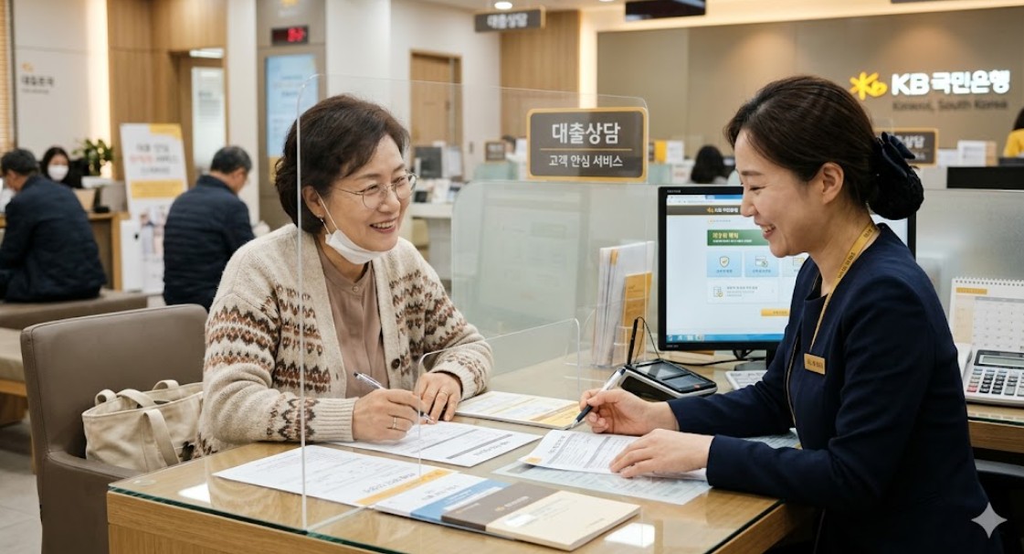 은행 창구에서 상담원과 안전하게 대출 상담을 나누고 있는 안심한 고객의 모습
