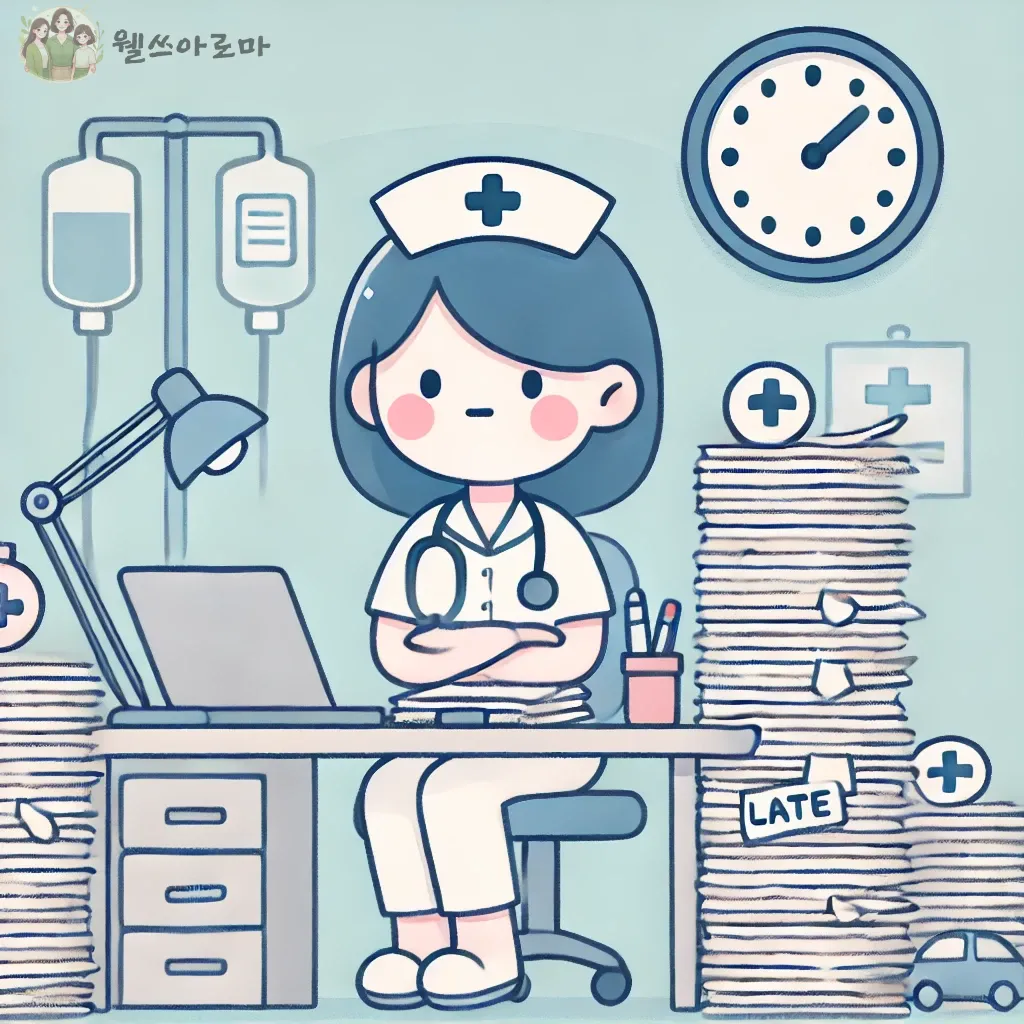 많은 업무속에 책상에 앉아있는 간호사