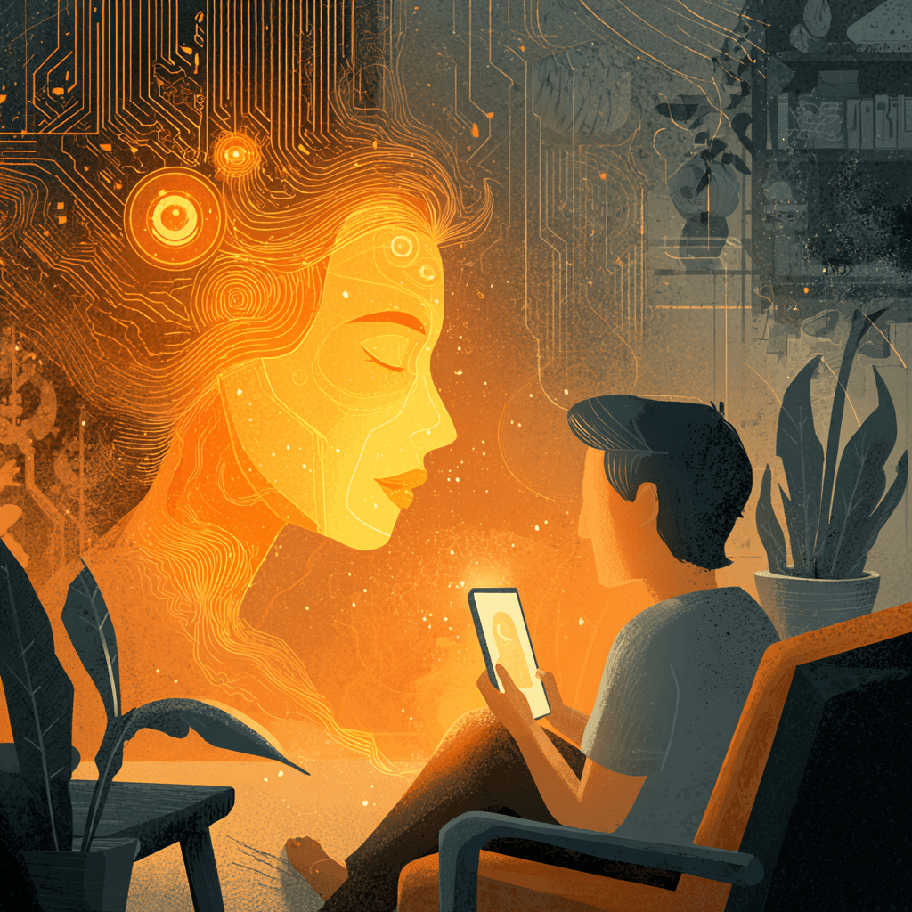 한 사람이 스마트폰에서 나오는 친근한 AI 아바타와 상호작용하는 모습. 인간의 친밀감과 기술의 결합을 상징