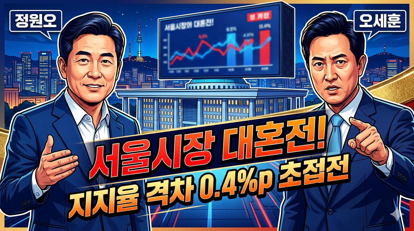 서울시장 선거 지지율 여론조사 결과 정원오 오세훈 접전 및 정원오 관련주 대장주 주식 그래프 배경 이미지