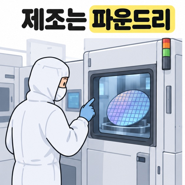 제조는 파운드리라는 문구 아래 방진복을 입은 작업자가 둥근 웨이퍼가 보이는 제조 장비를 확인하는 모습